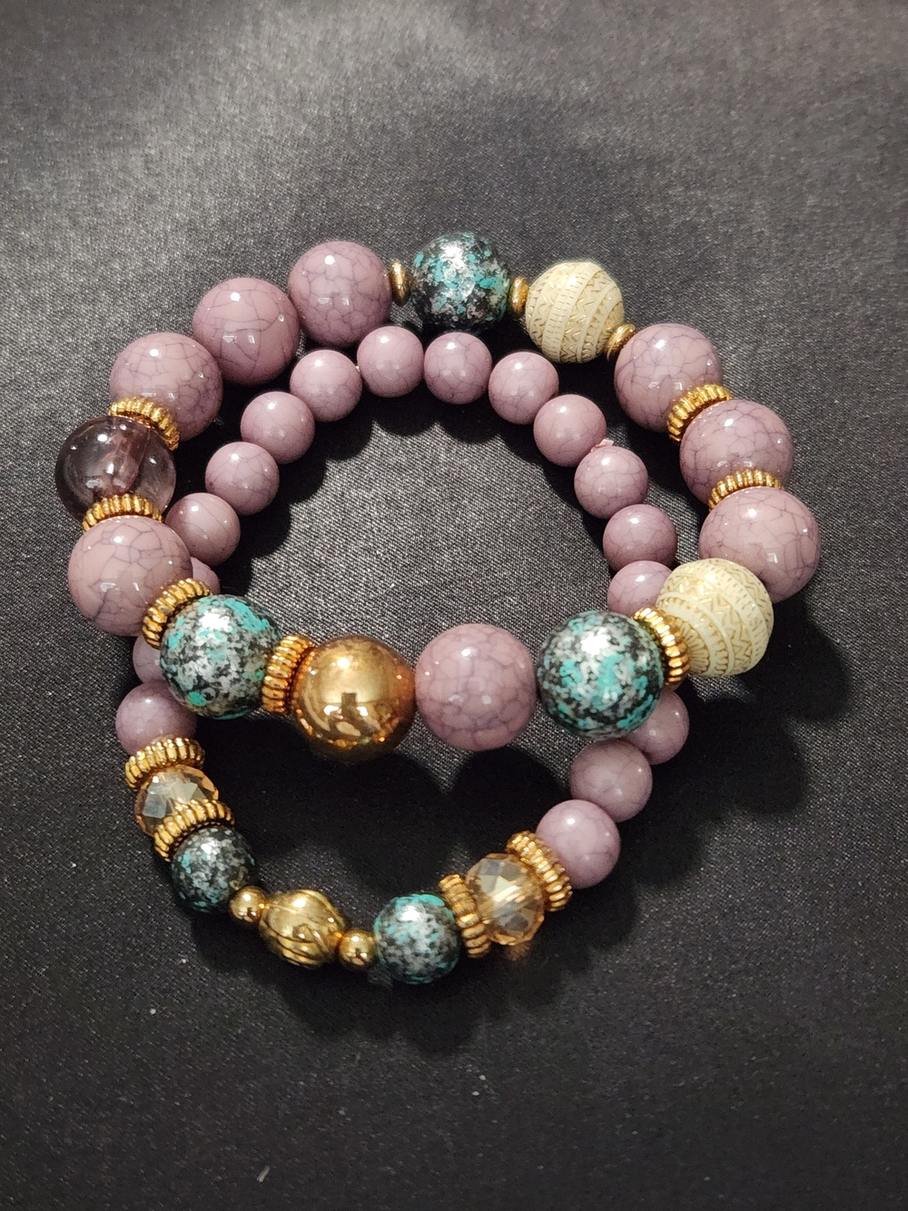 Beaded Lavender and Turquoise Stretch Bracelet Set